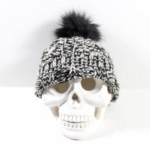 Goth Glam Black and White Knit Beanie with Black Faux Fur Pom Pom Design OSFM